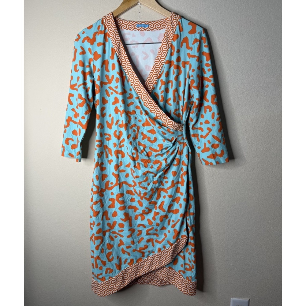 J. McLaughlin Blythe Faux Wrap Dress Blue Orange Print Catalina Cloth Size M